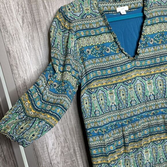 J Jill Midi Dress A Line Lined Blue and Green Short Sleeve Resort Size Medium - Picture 6 of 9